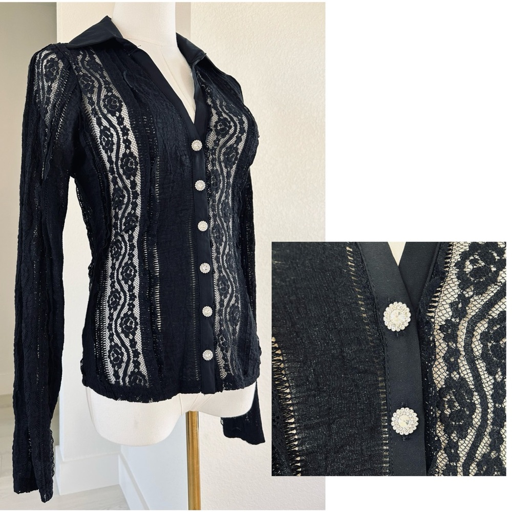 Peach Romantic Black Lace Rhinestone Button Down Top Womens S